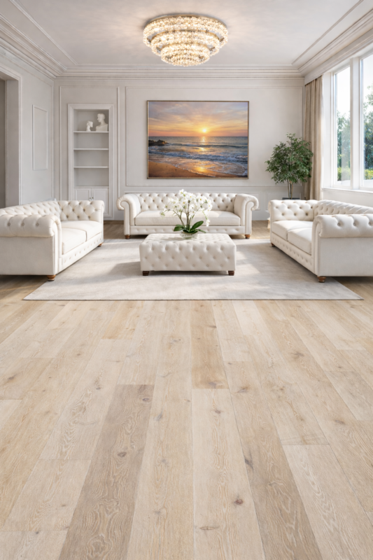 Dark vs light flooring in the same living room: white leather furniture light wood flooring