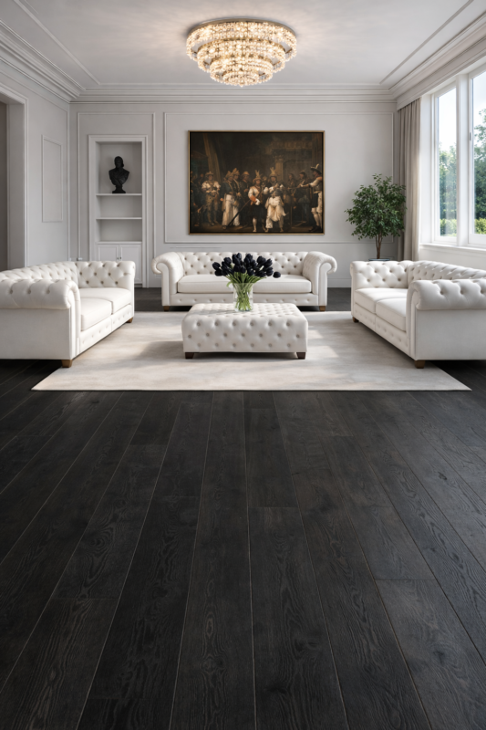 Dark vs light flooring in the same living room: white leather furniture dark wood flooring