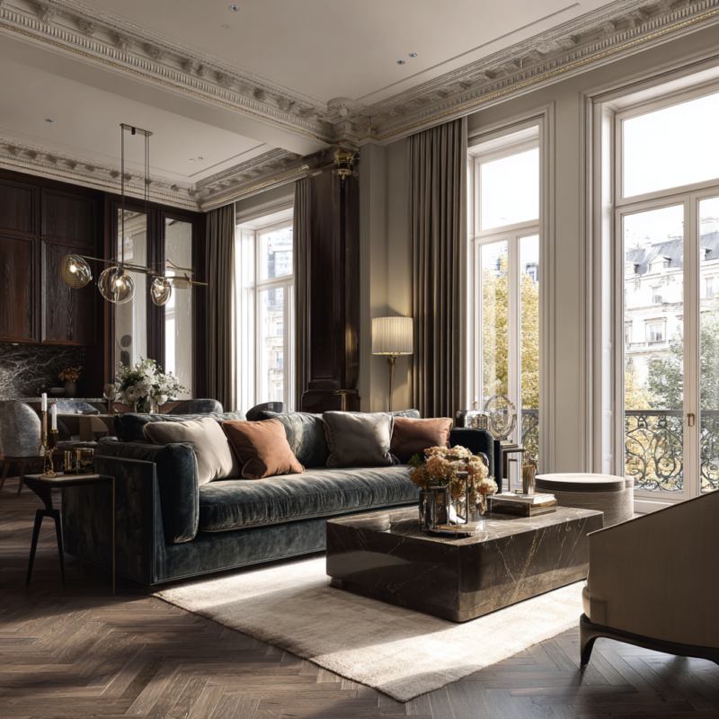 Elegant London living room with smoked oak wood flooring, velvet sofa, and soft natural light.
