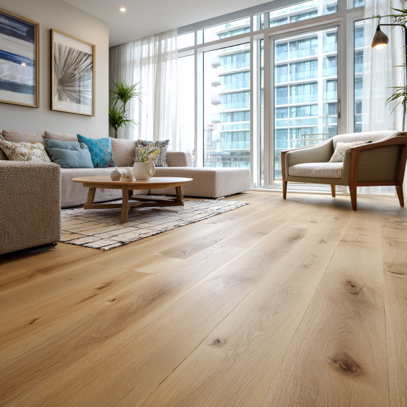 London North Greenwich London living room interior with light oak engineered wood flooring at daylight