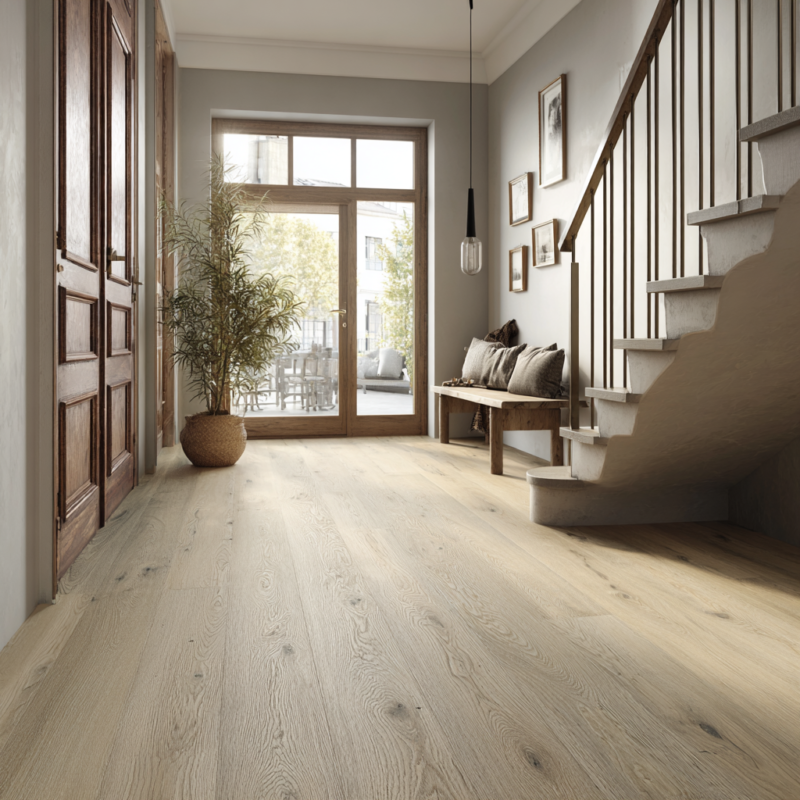 Hall interior with Scandinavian oak engineered wood flooring in morning daylight