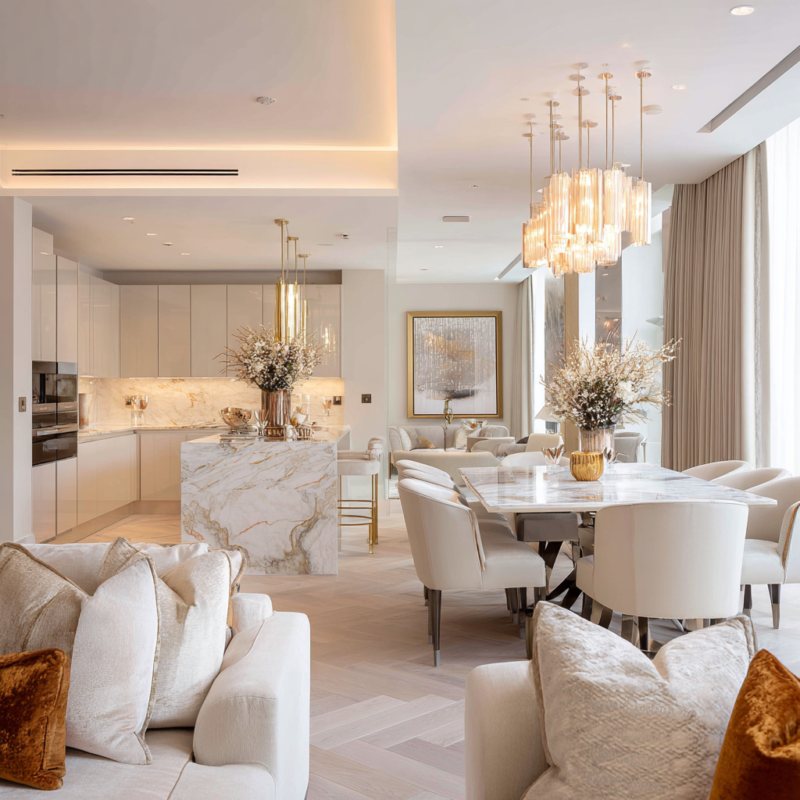 Luxury open plan living and dining room, cream and neutral palette, White Lacquered Oak Wood Flooring