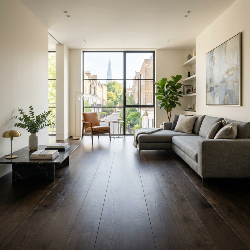 Dark oak engineered wood flooring in modern London living room, luxury furniture, and natural morning light.
